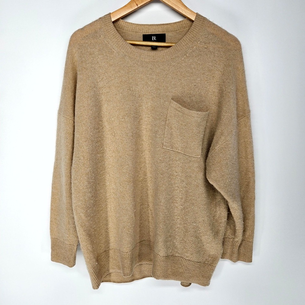 Banana Republic Sweater Womens S Tan 100% Cashmere Pocket Crew Neck Pullover